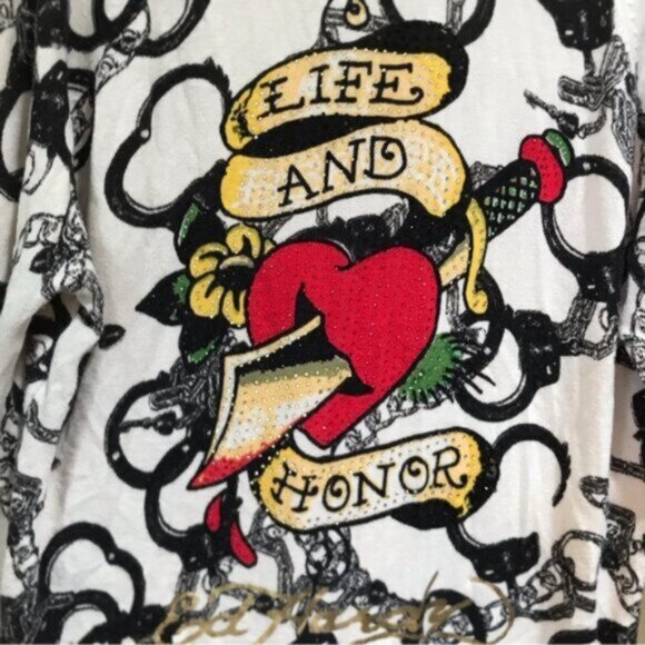 Ed Hardy RARE Vintage Y2K Hoodie Handcuffs Tattoo Crystal Knit Top Sweater L - Picture 6 of 16